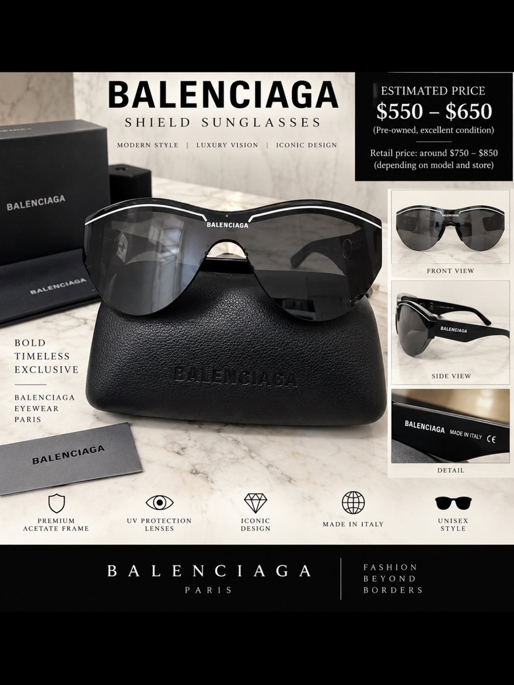 Balenciaga Black Men’s Shield Sunglasses